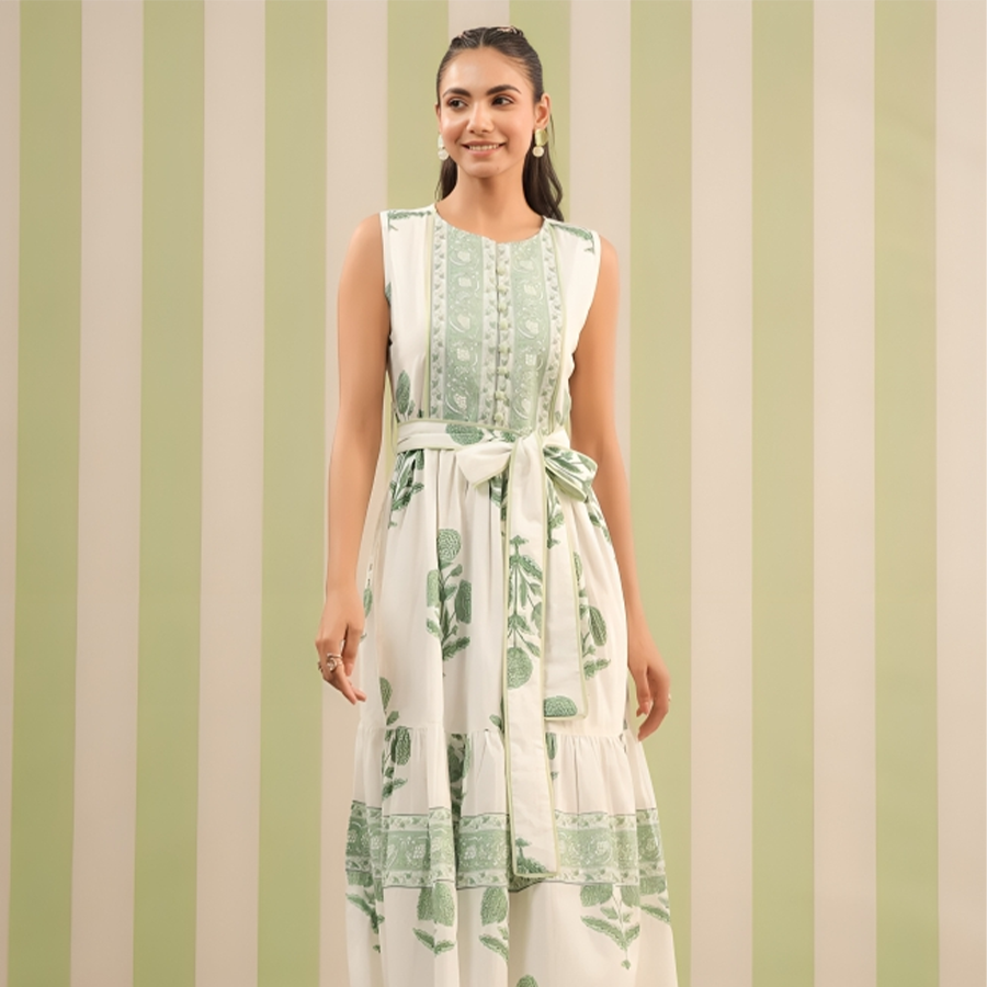 Handblock sleeveless dress-green-1