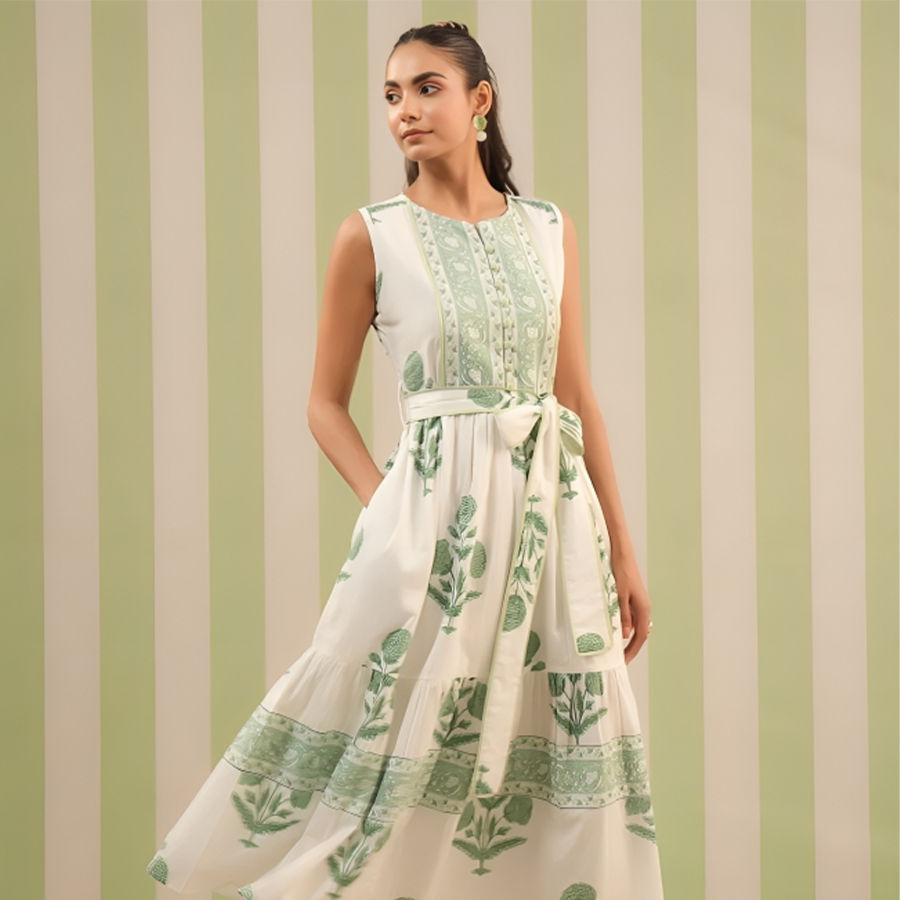 Handblock sleeveless dress-green