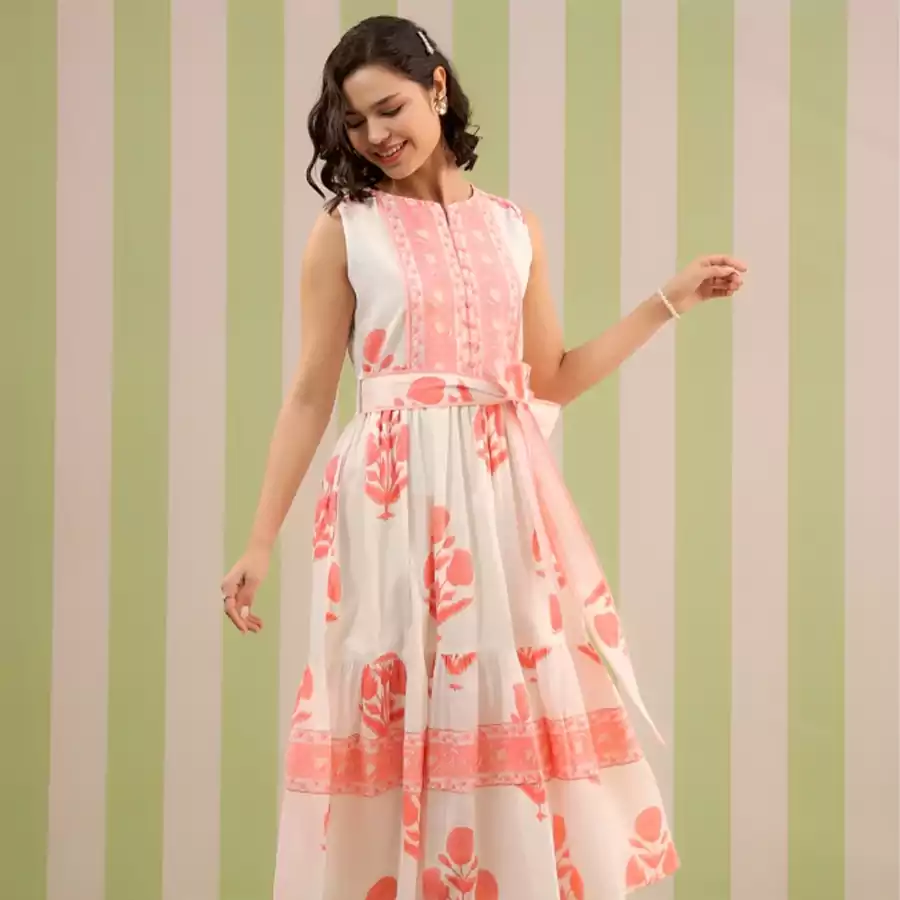 Handblock sleeveless dress-pink-1