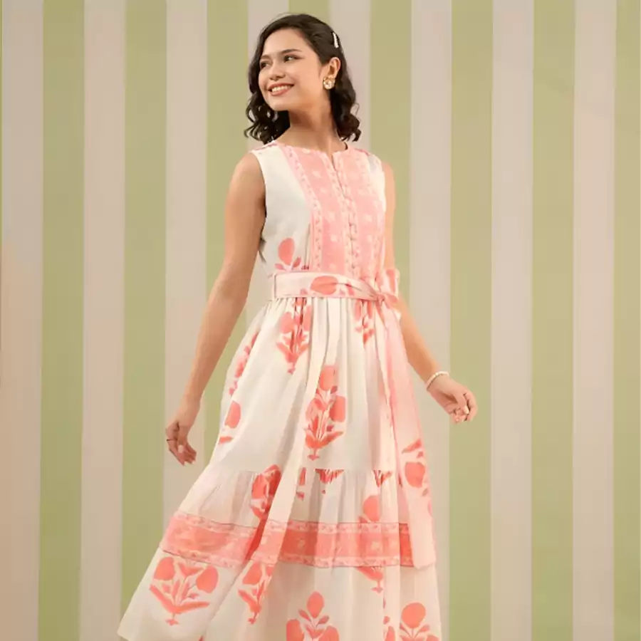 Handblock sleeveless dress-pink-2