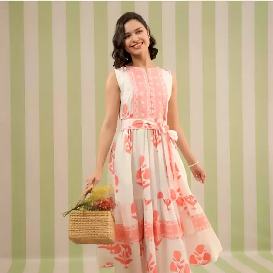 Handblock sleeveless dress-pink