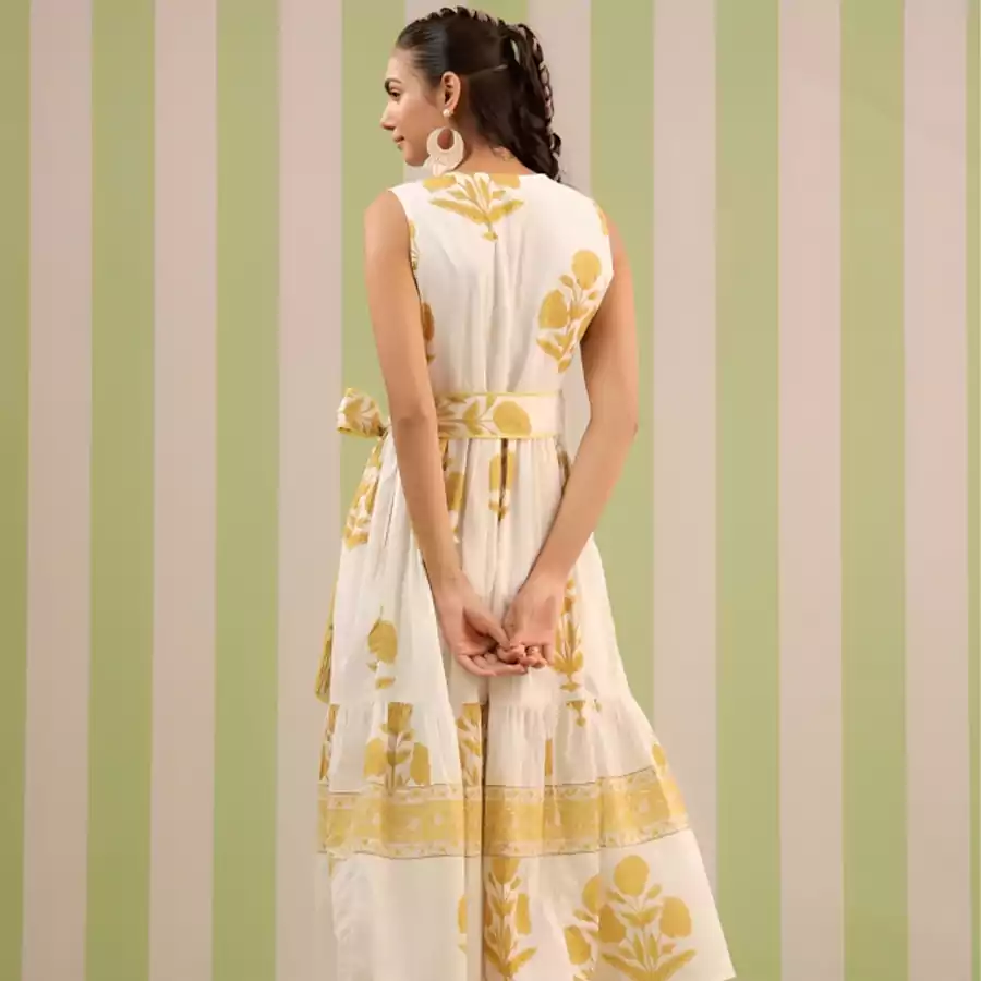 Handblock sleeveless dress-yellow-1