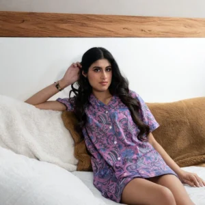 Handblock Mauve Shirt short Set